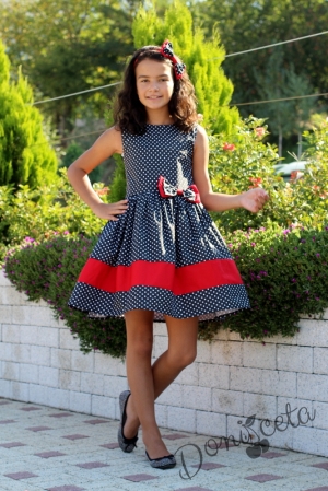 Детска официална рокля в черно на бели точки и червено от памук с тюл отдолу Глоринда