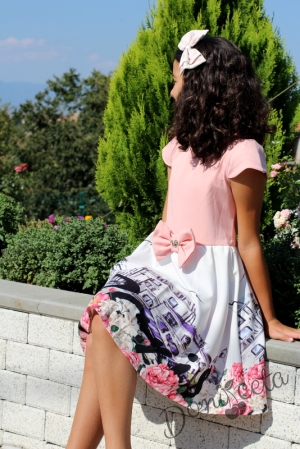 Детска официална рокля на в пепел от рози с картинка на Париж
