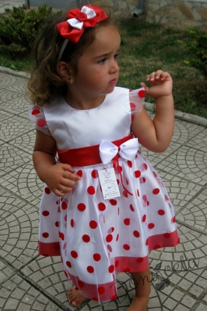 Официална детска рокля с къси ръкави на червени точки