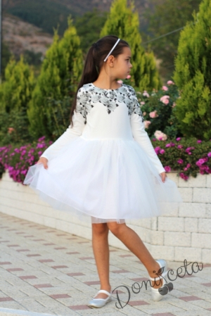 Детска официална рокля с дълъг ръкав с рози в сиво и тюл Даная