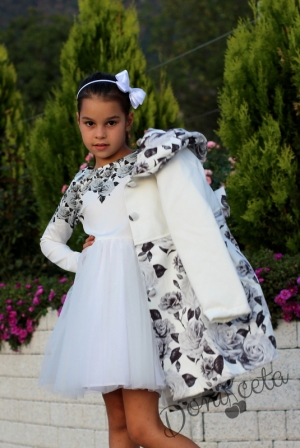 Детска официална рокля с дълъг ръкав с рози в сиво и тюл Даная