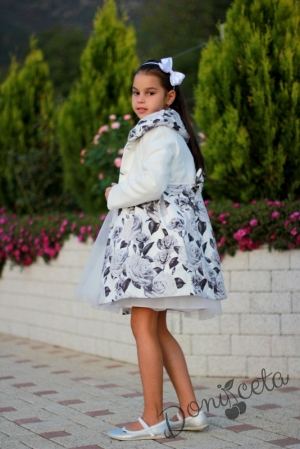 Комплект от детска рокля с дълъг ръкав в сиво с тюл със зимно палто  