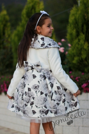 Комплект от детска рокля с дълъг ръкав в сиво с тюл със зимно палто  