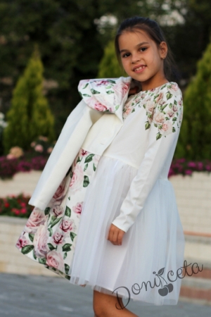 Детска официална рокля с дълъг ръкав с шарени рози и тюл Меринда