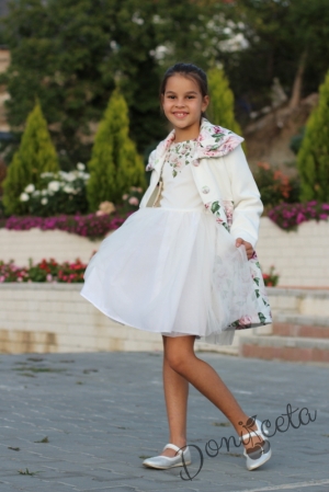 Комплект от детска рокля с дълъг ръкав с шарени рози и тюл със зимно палто в същия десен с яка 