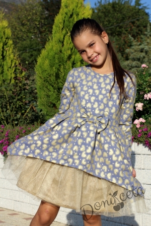Детска рокля с дълъг ръкав на сърца в златисто с тюл