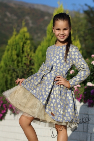 Детска рокля с дълъг ръкав на сърца в златисто с тюл