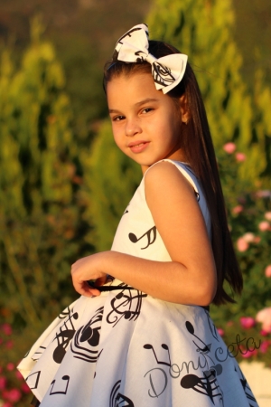 Детска официална рокля в бяло с ноти с тюл Сисилия