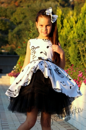 Детска рокля в бяло с ноти с тюл в черно Сисилия