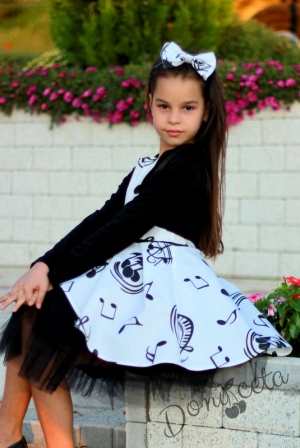 Официална детска рокля в бяло с ноти с тюл и болеро в черно Сисилия