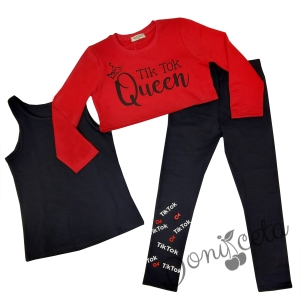 Детски комплект от 3 части с потник, блузка с дълъг ръкав в червено и клин в черно за момиче с надпис 