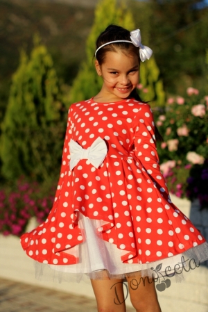 Детска рокля с дълъг ръкав в цвят корал на точки с бял тюл Люси