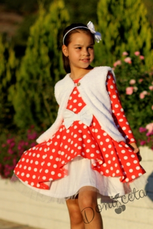 Комплект от детска рокля с дълъг ръкав в цвят корал на точки с бял тюл Люси с пухкав елек в бяло
