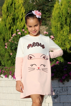 Детска рокля с дълъг ръкав в розово и бяло с апликация на коте