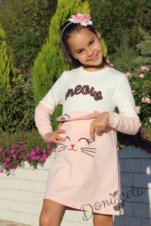 Детска рокля с дълъг ръкав в розово и бяло с апликация на коте