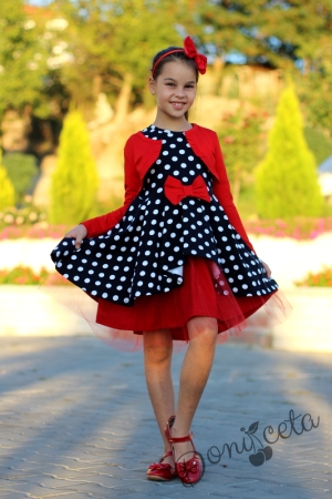 Комплект от детска рокля с дълъг ръкав в тъмносиньо на бели точки с червен тюл и болеро в червено