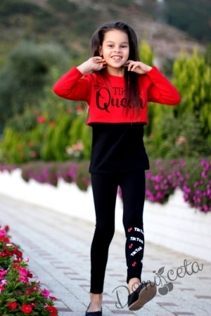 Детски комплект от 3 части с потник, блузка с дълъг ръкав в червено и клин в черно за момиче с надпис 