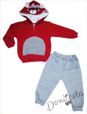 Бебешки ватиран комплект от панталон в сиво и суитшърт в червено