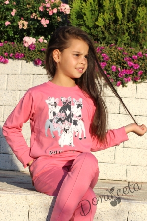 Детски комплект за момиче от блуза с дълъг ръкав с картинка на кученца и панталон в розово