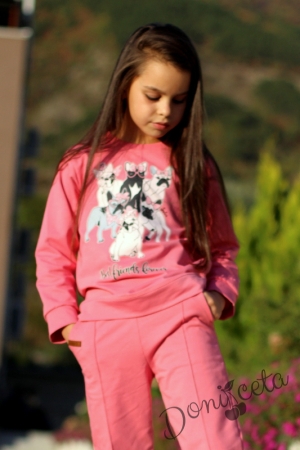Детски комплект за момиче в розово от блуза с кучета и панталон 