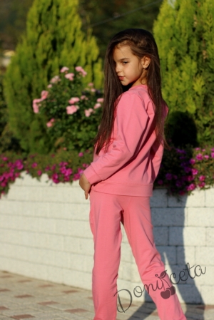 Момически комплект за момиче в розово от блуза с кученца и панталон с джобове