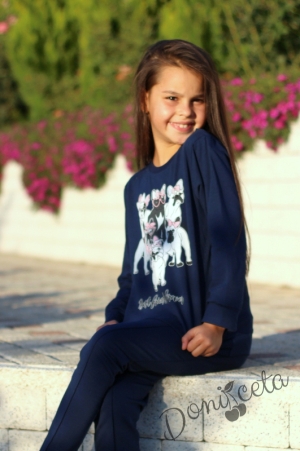 Детски комплект за момиче от блуза с дълъг ръкав с картинка на кученца и панталон с джобове