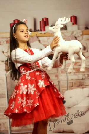 Комплект от детска коледна рокля с болеро в бяло в червено със снежинки в бяло и тюл в червено 