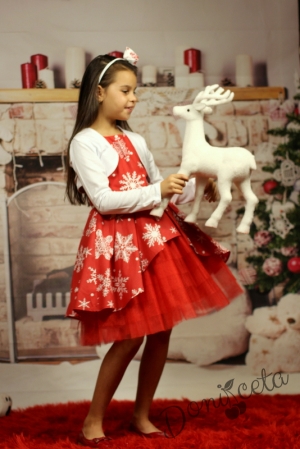 Детска коледна рокля в червено с бели снежинки с тюл в червено и болеро в бяло