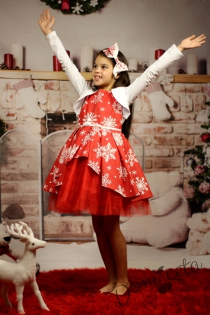Комплект от детска коледна рокля в червено с бели снежинки с тюл и болеро 