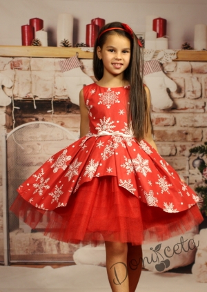 Памучна детска коледна рокля в червено със снежинки в бяло