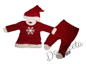 Коледна детска плюшена бебешка блузка с ританки и шапка в червено