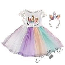 Детска рокля без ръкав с Пони/Еднорог в бяло с много цветове тюл и диадема