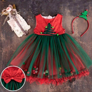 Коледна детска рокля с елхичка в червено и тюл в зелено и диадема