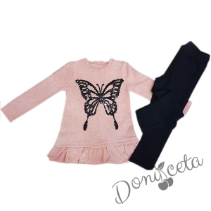 Детски комплект за момиче от блуза с дълъг ръкав с картинка на пеперуда и панталон в тъмносиньо