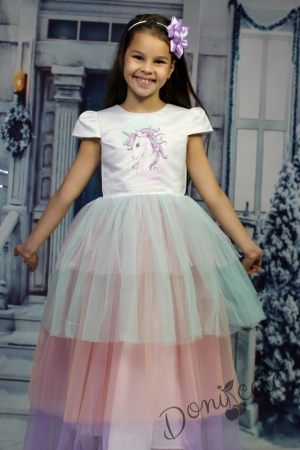 Дълга детска рокля с къс ръкав с Еднорог с тюл в розово, лилаво, тюркоаз