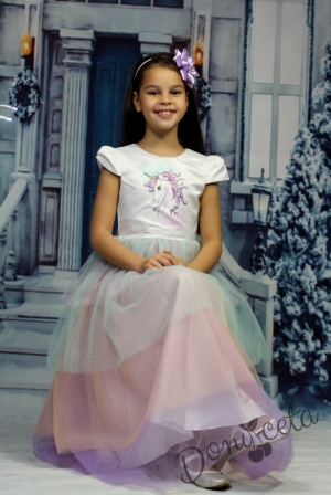 Детска рокля с къс ръкав с тюл в розово, лилаво, тюркоаз