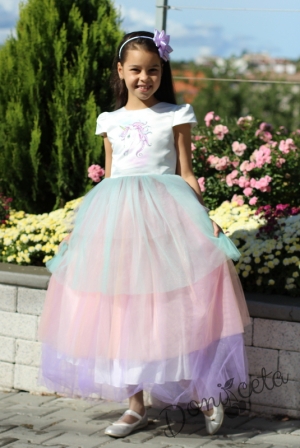 Официална детска дълга рокля с къс ръкав с с тюл до долу в различни цветове