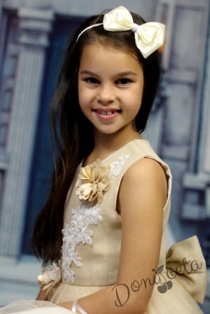 Детска официална дълга рокля в златисто за сватба или кръщене с чантичка