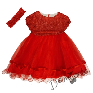 Детска/бебешка рокля с къс ръкав с брокат в червено с тюл и панделка за коса
