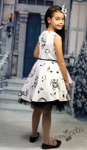Официална детска рокля в бяло с ноти с тюл в черно 