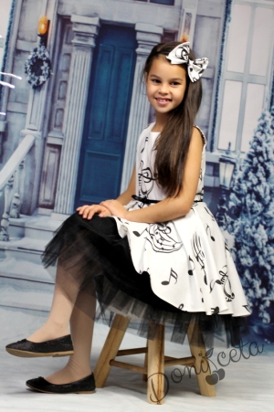 Официална детска рокля в бяло с ноти с тюл в черно 