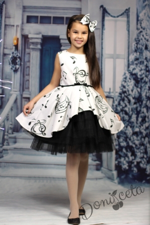 Официална детска рокля в бяло с ноти с тюл в черно Кларисия