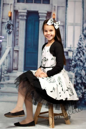 Комплект от детска рокля в бяло с ноти с тюл в черно и болеро Кларисия