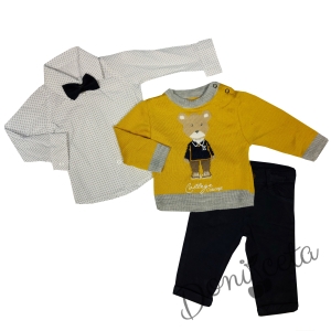 Бебешки комплект за момче от панталон, риза и пуловер с дълъг ръкав в цвят горчица