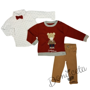 Комплект за момче от панталон, риза и пуловер с дълъг ръкав в цвят бордо