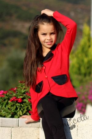 Детски комплект от сако в червено с клин в черно с кожа 