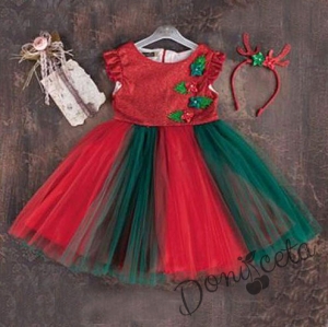 Коледна детска рокля без ръкав в червено и зелено с тюл и диадема