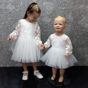 Официална бебешка/детска рокля с дълъг ръкав в бяло с дантела и тюл  Анисия