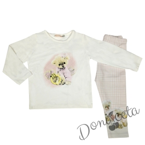 Комплект за момиче от блузка в бяло, панталон и пухкав елек