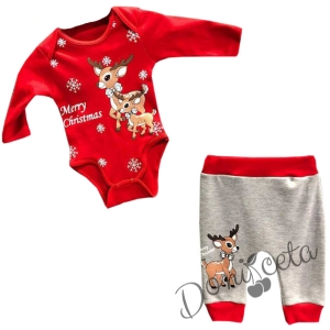 Бебешки коледен комплект от боди в червено и панталонки в сиво